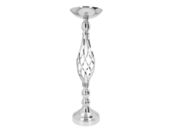 Portavelas de hierro plateado para uso decorativo sobre mesa.
