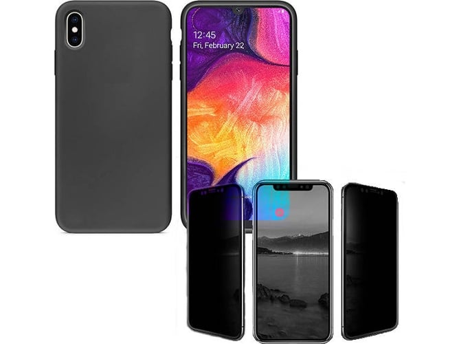 Kit Carcasa y Protector de Cristal Privacy Samsung Galaxy A10 Silicona Negro