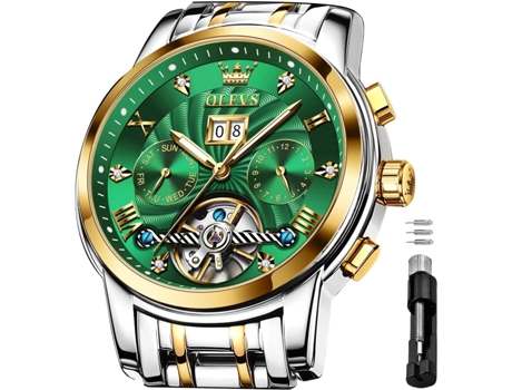 VEANXIN Reloj Tourbillon luminoso de acero inoxidable con fase lunar, mecánico, automático, hueco, resistente al agua, para hombre(oro y verde)