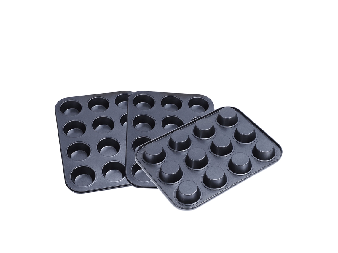 Juego De 3 Moldes Antiadherentes De Acero Al Carbono Con 12 Cavidades Para Cupcakes, Muffins Y Pasteles De Nata (negro)