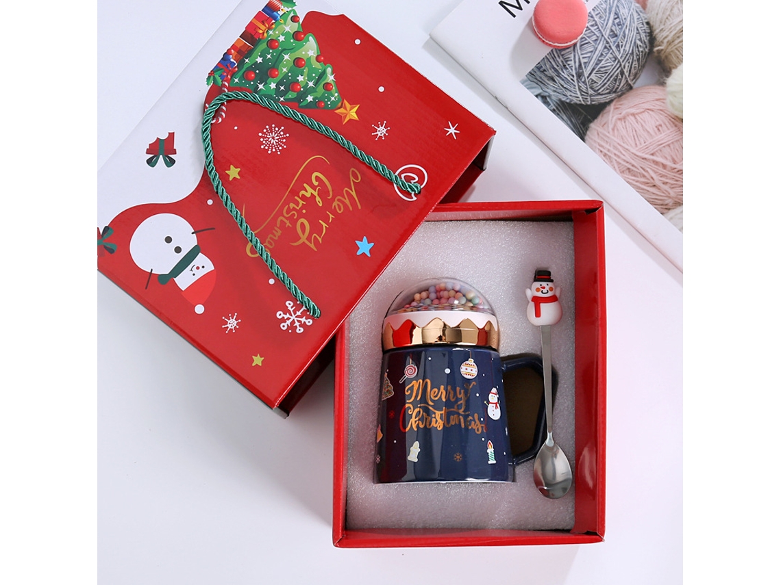 Taza navideña (azul) con tapa y cuchara, diseño de Papá Noel, taza de cerámica de estilo europeo creativo.