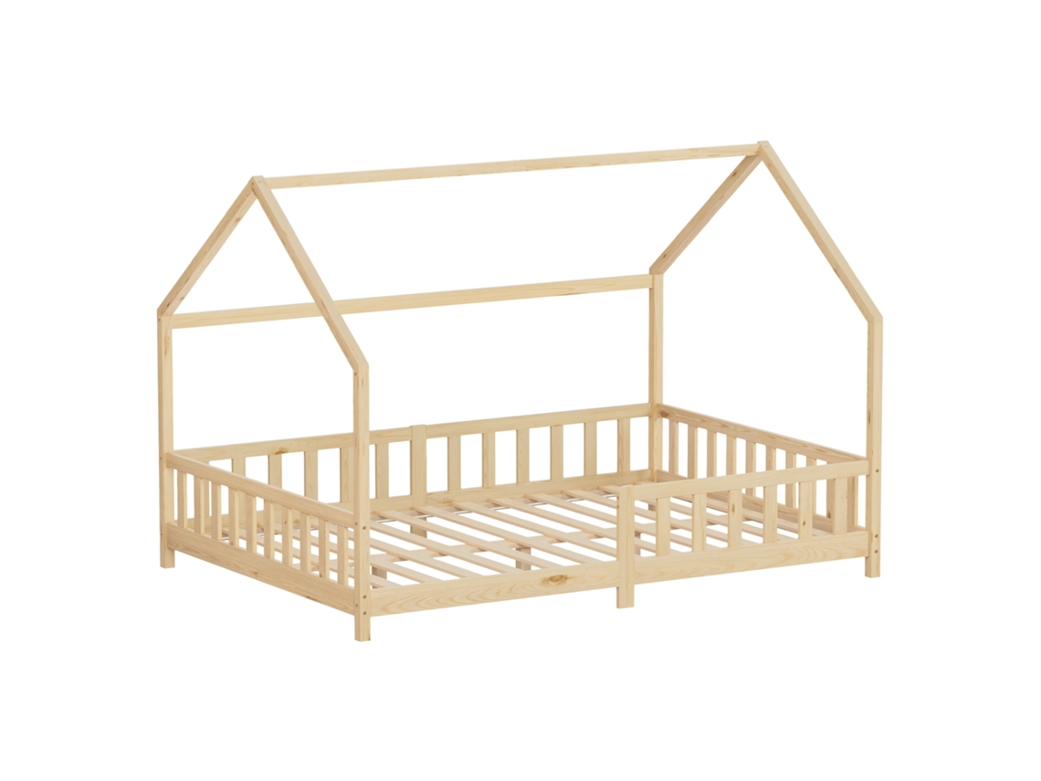Cama Infantil Ml-design 140x200 Cm Natural Forma De Casa Con Anticaída, Techo Y Somier