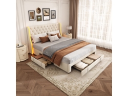 Cama Tapizada 160x200cm, Cama Doble Con Usb Y Led, Cama Juvenil Con 4 Cajones, Cama Funcional Con Somier, Franela, Sin Colchón