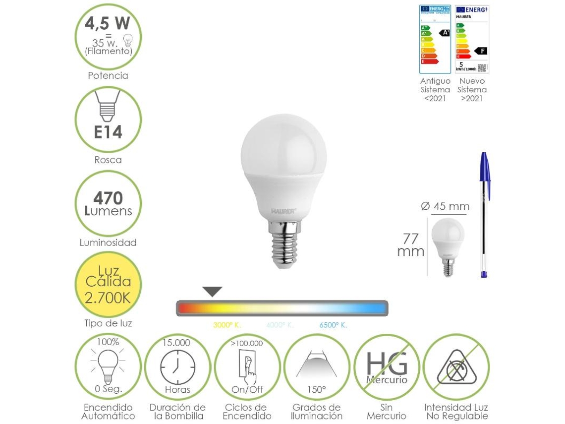 Bombilla led esferica rosca e14 4.5 watt. equivale a 35 watt. 470 lumenes. luz cálida (00  k)