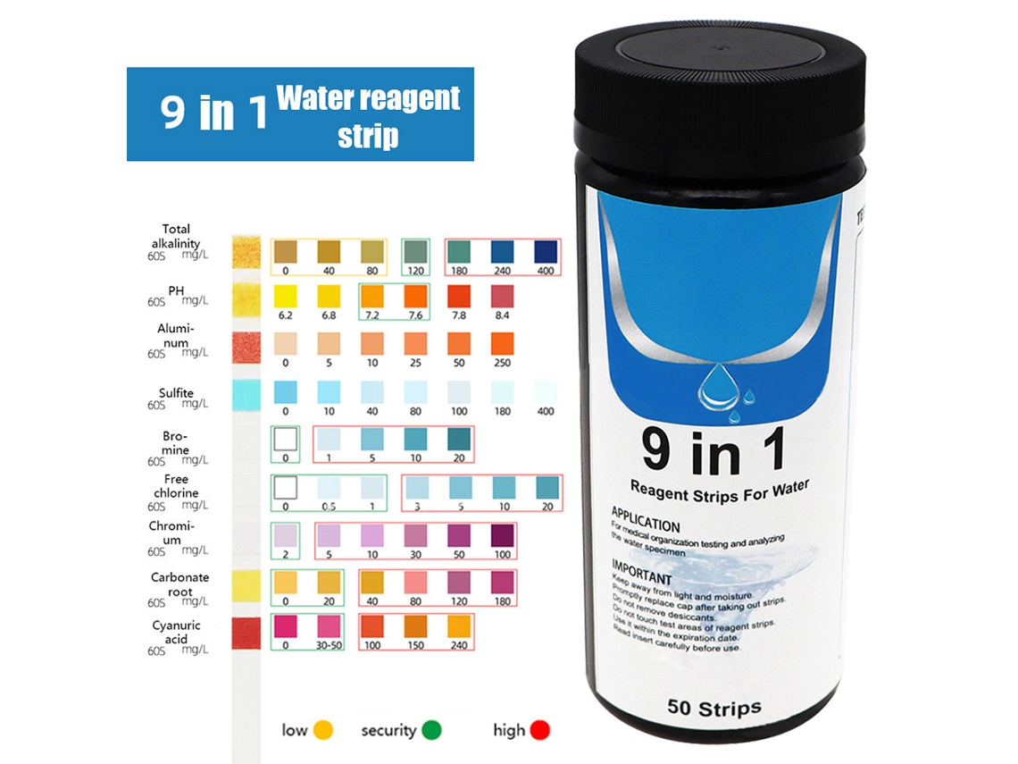 Tiras reactivas para análisis de calidad del agua 9 en 1 (dureza del agua)