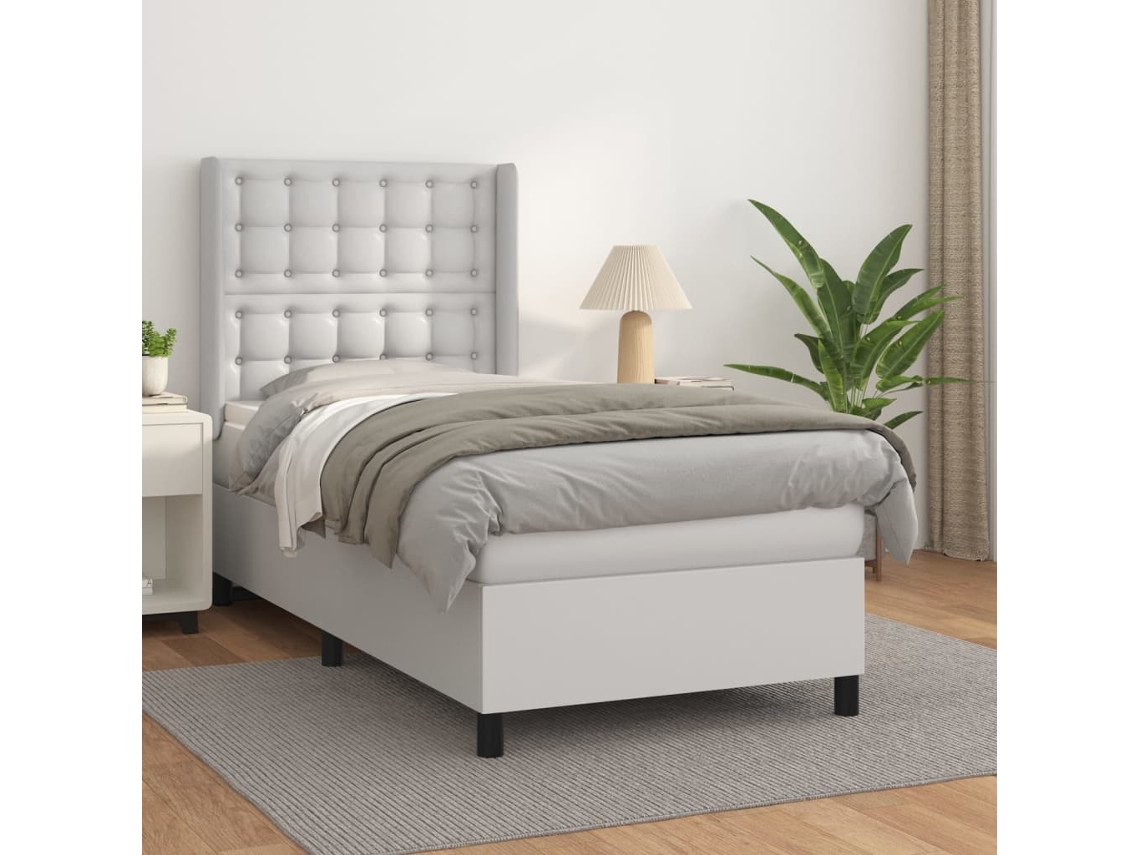 Cama Box Spring Con Colchón Cuero Sintético Blanco 90x190 Cm
