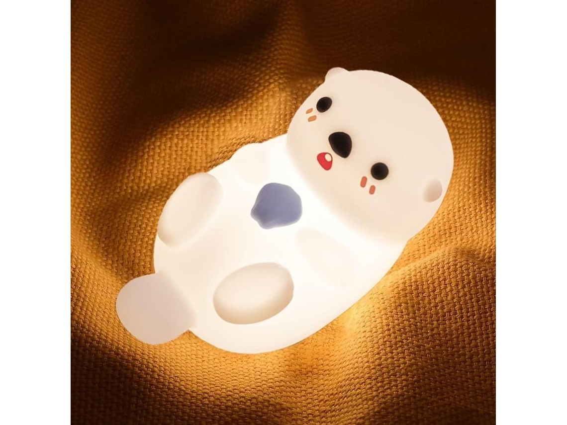 Bonita luz nocturna de nutria para niños, lámpara de noche con control táctil, recargable por USB (blanca)