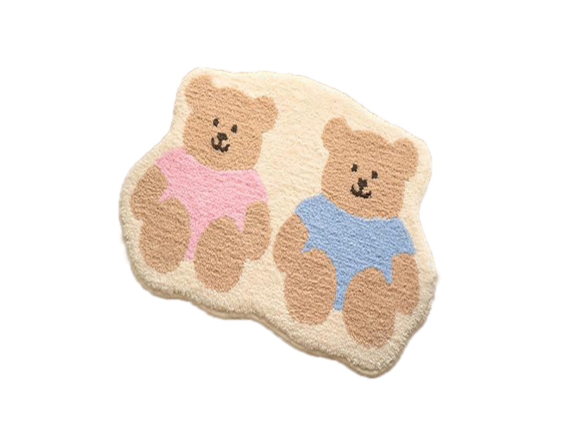 Alfombrilla de baño con diseño de oso adorable, estilo cartón, absorbente, antideslizante, 60x90cm, rosa y azul.