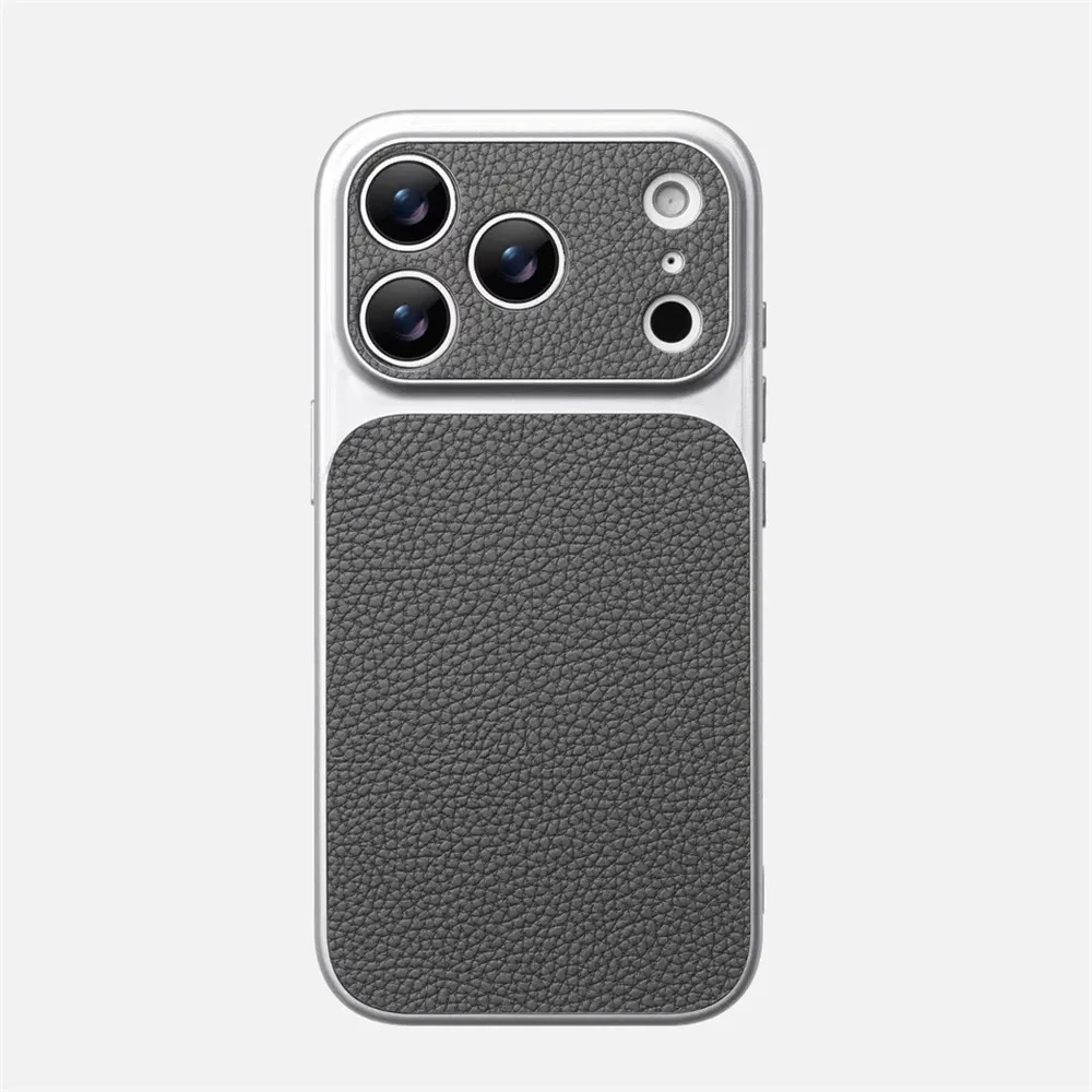 (iphone 15 Pro Gris) Elegante Funda Para Iphone Con Textura De Cuero Y Protección Para La Lente.
