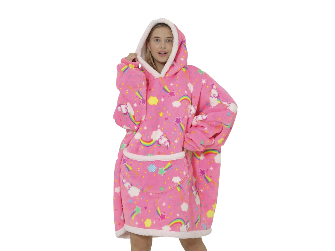 Bata Estilo Sudadera Y Manta De Felpa Extrasuave. Bolsillo Frontal Tipo Canguro. Diseño Arcoiris Y Unicornios