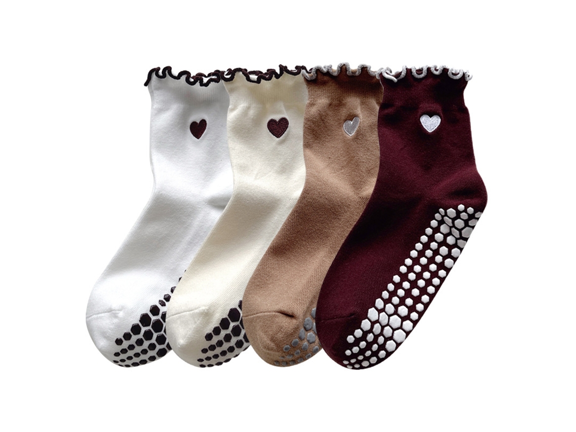 4 Pares De Calcetines De Pilates Mujer Antideslizantes - Calcetines Deportivos Media Caña - Blanco, Beige Y Marrones