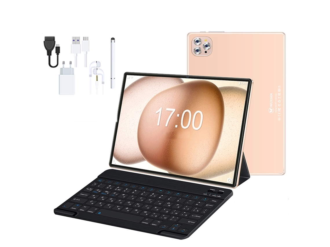 Tableta Veanxin V62 con Bluetooth, funda de cuero, teclado, auriculares, lápiz óptico, 10,1 pulgadas, 64 GB, 4 GB de RAM, Wi-Fi 4G, color dorado