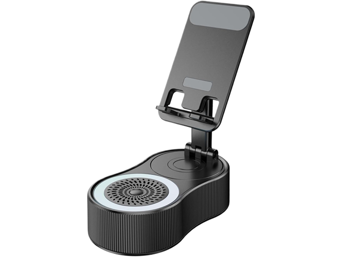 Altavoz de inducción, altavoz portátil con función de carga, base antideslizante con soporte ajustable y luz LED ambiental.