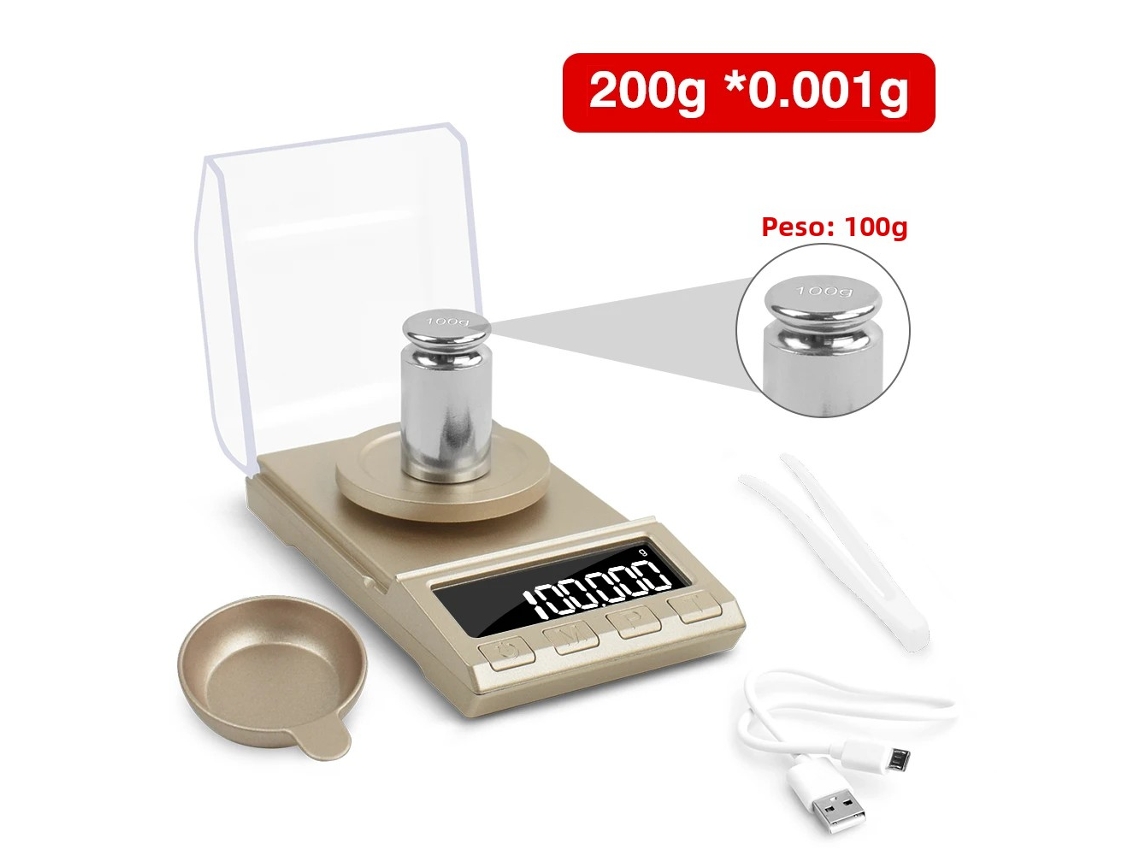 Báscula Electrónica Digital De Precisión (oro 200 G), Alimentación Por Usb, Pantalla Lcd, Precisión De 0,001 G