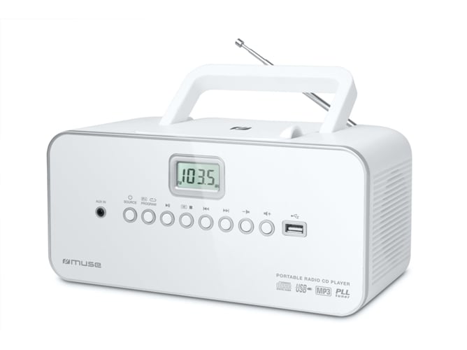 Radio Boombox c/ Lector CD MUSE AM-28RDW (Blanco - PLL - FM/MW - Pilas y Corriente)