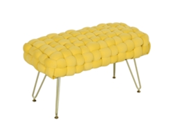 Banco De Cama De Terciopelo Con Patas De Metal Y Asiento Acolchado Amarillo.