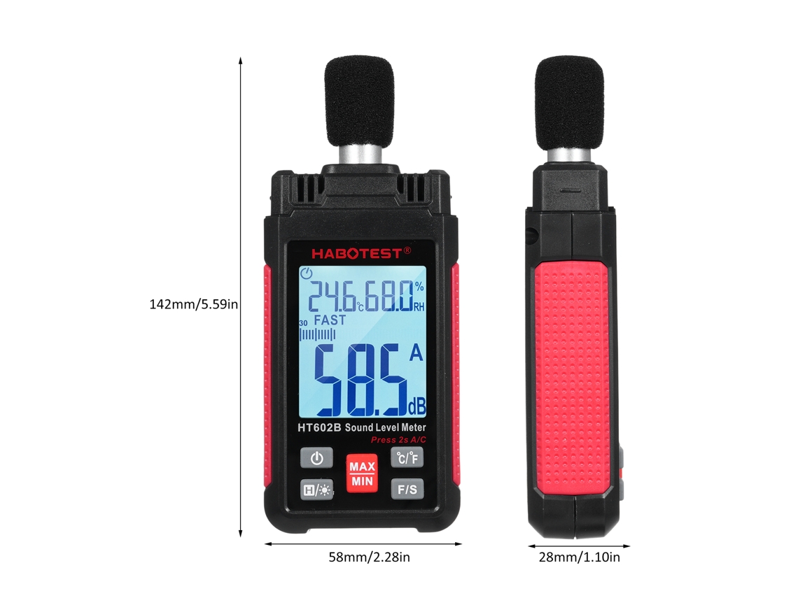 Sonómetro Digital Portátil Habotest Ht602b De 30-130 Db Con Medición De Temperatura Y Humedad.