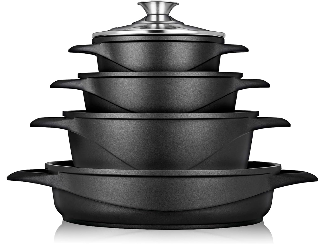 Batería De Cocina Inducción 8 Piezas Aluminio Fundido 4 Ollas Con Tapa De Cristal Antiadherente Briebe Mgk-17 Negro
