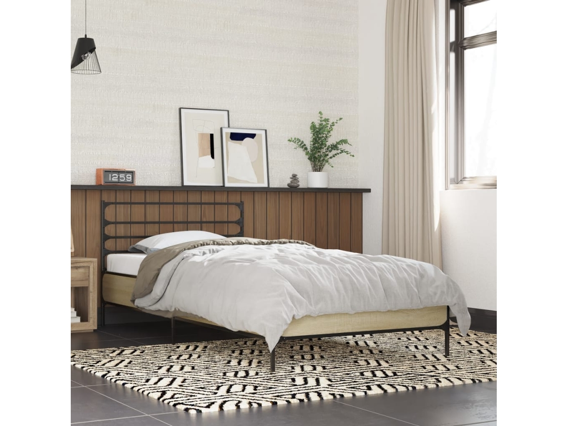 Estructura Cama Madera Ingeniería Metal Roble Sonoma 90x190 Cm