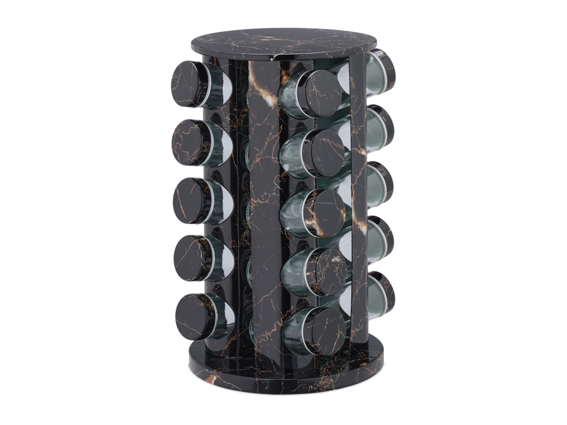 Relaxdays Especiero Giratorio Con 20 Botes, Con Dosificadores, Rotatorio, Tarros Rellenables, Efecto Mármol, Negro