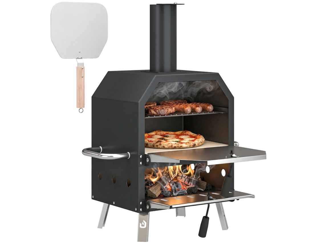 Horno de pizza de leña, acero inoxidable, 2 niveles, piedra refractaria, patas plegables, exterior.