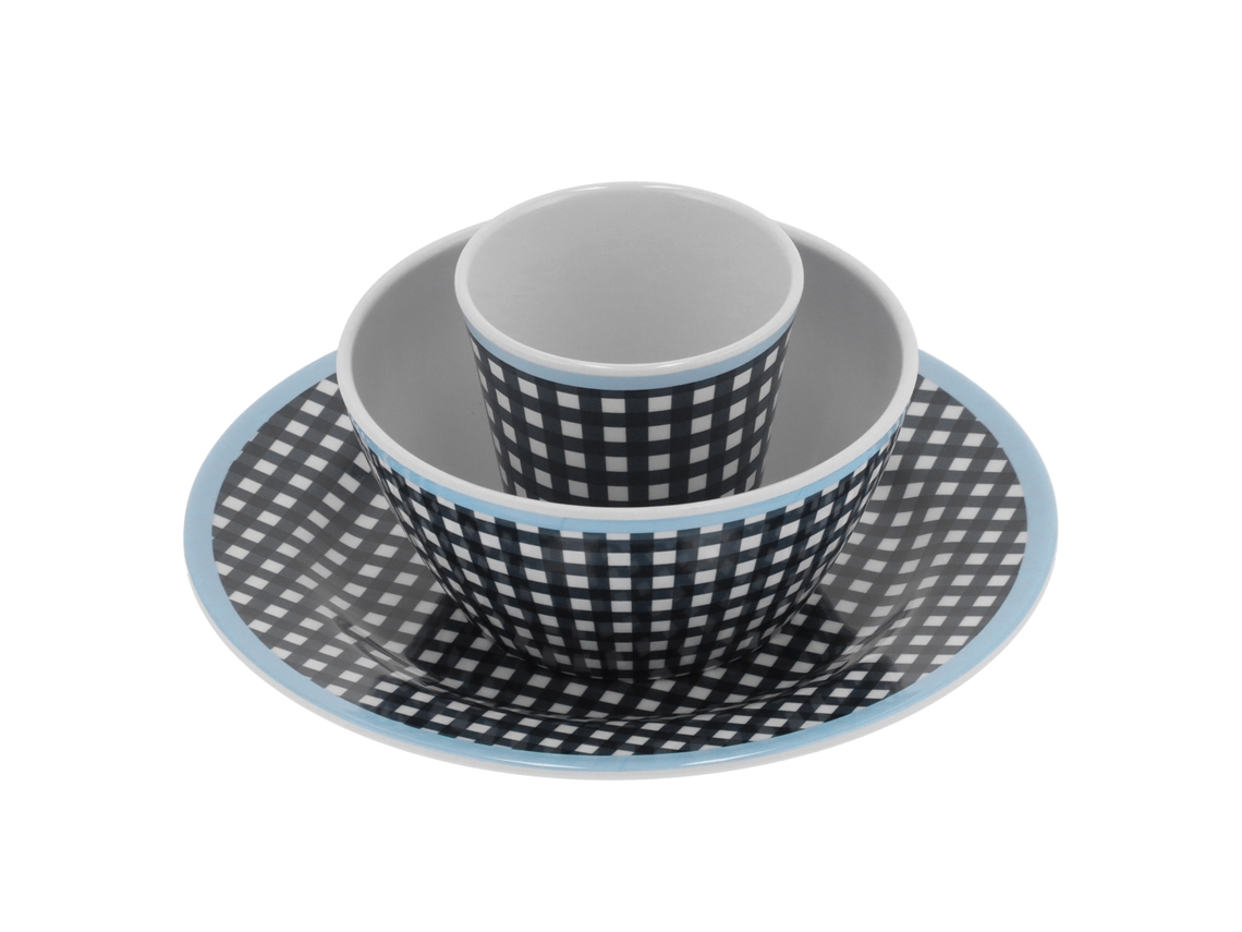 Juego de vajilla para el hogar: plato, tazón y taza con estampado de cuadros azul oscuro, ideal para ensaladas y frutas.