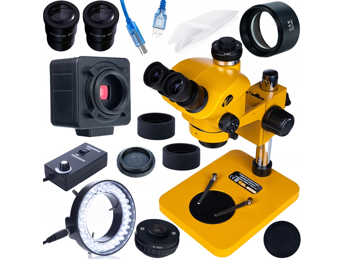 Microscopio trinocular de 7–50 aumentos y 102 mm con cámara USB de 5 MP – Inspección electrónica | Lente Barlow de 0,5 aumentos | Iluminador LED