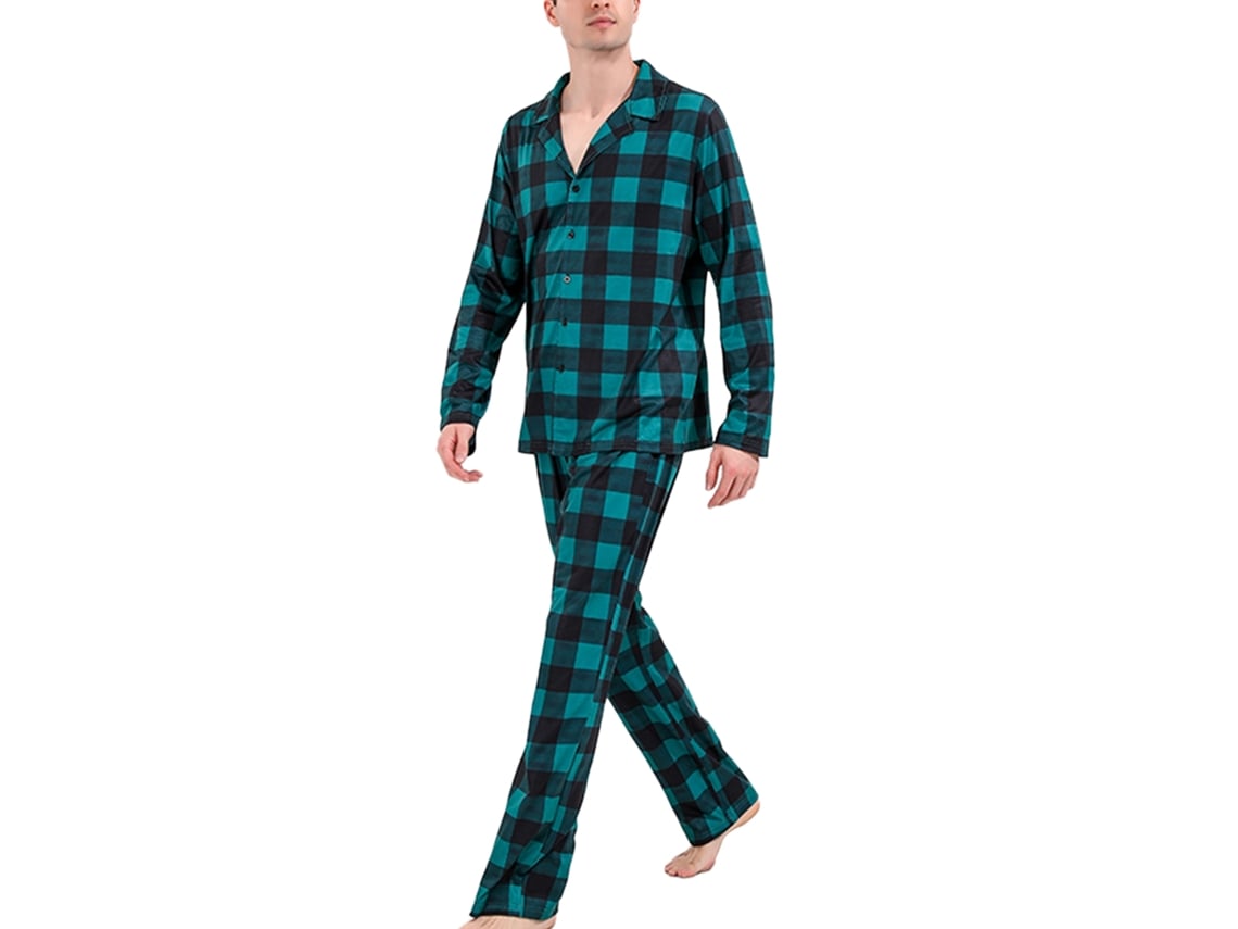 Conjunto de pijama navideño familiar para hombre de Rebe, con cuello bajo y mangas largas, estampado a cuadros verde oscuro, talla L.