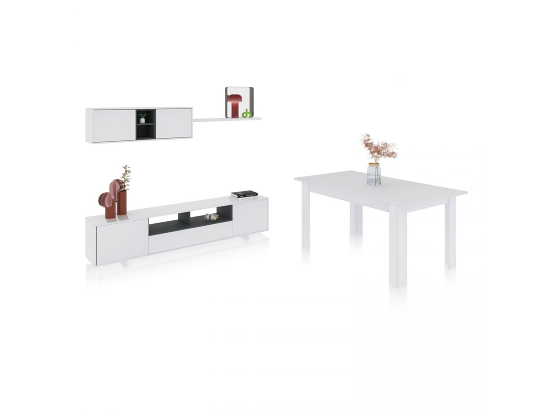 Pack salón con mesa de comedor Kenzo Plus VA Blanco Brillo - Gris Antracita 200 x 46 x 41 cm