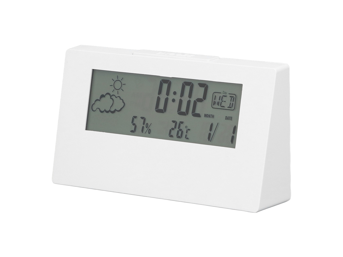Reloj despertador digital 2026 con función de repetición de alarma, pantalla LCD de tela, indicador de fecha, temperatura, humedad y brillo, color blanco, para mesita de noche.