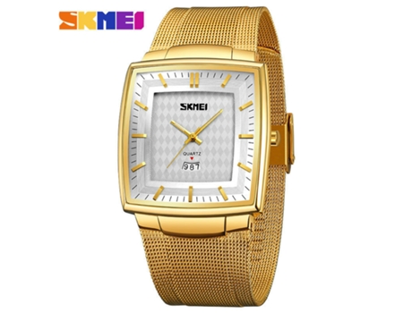 Reloj de pulsera analógico de cuarzo de acero inoxidable ultrafino, reloj de pulsera de malla cuadrada, superficie blanca con carcasa dorada LUUCOZK