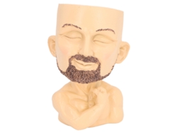 Maceta con forma de rostro de hombre musculoso y orificio de drenaje.
