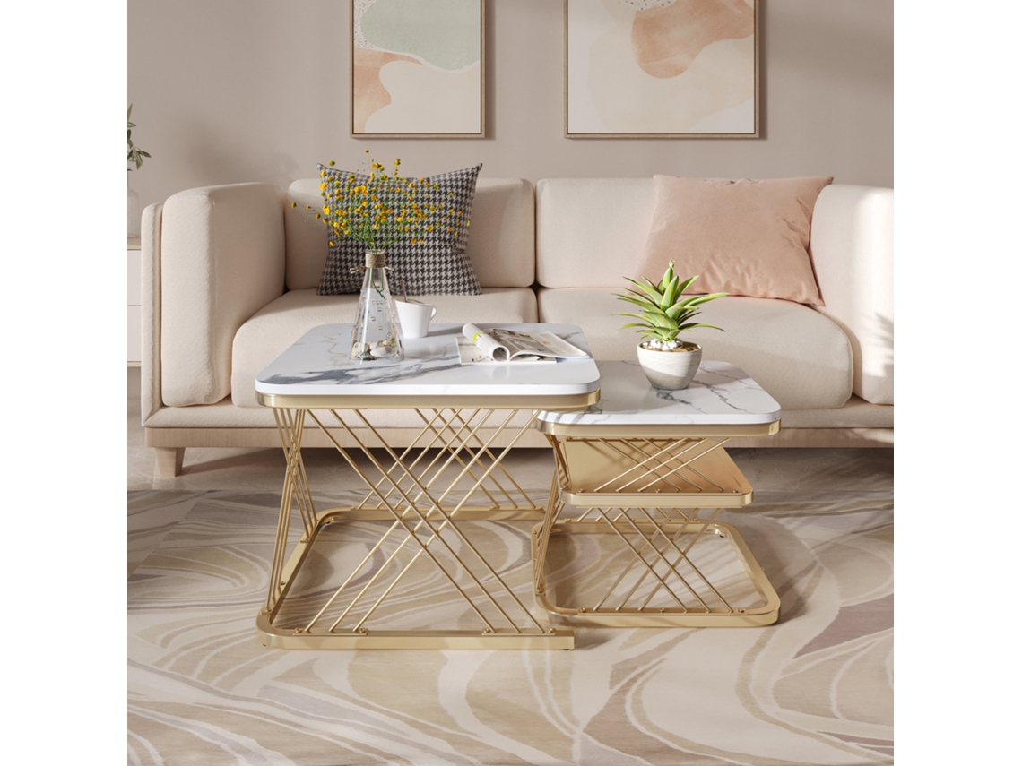 Juego de 2 mesas de centro, 60x45cm y 45x38cm, estilo moderno, mesa auxiliar cuadrada para sofá con patas de metal, color dorado Rosahqnda