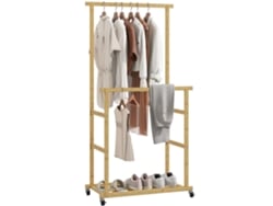 Perchero De Bambú Con Ruedas, Zapatero, 2 Barras, Bandeja Para Ropa, Acabado Natural, 80x40x160 Cm