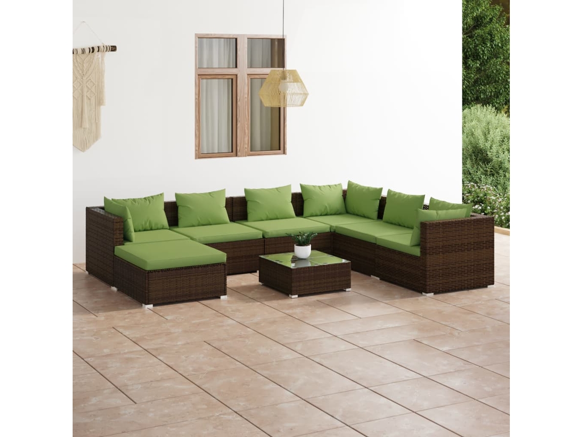 Conjunto de muebles de jardín con cojines de mimbre marrón, Dkd Home Decor