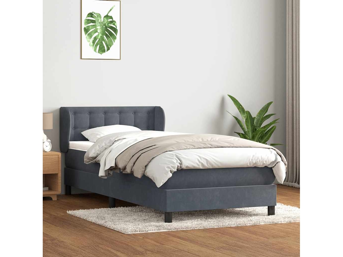 Cama Box Spring Con Colchón Terciopelo Gris Oscuro 80x210 Cm