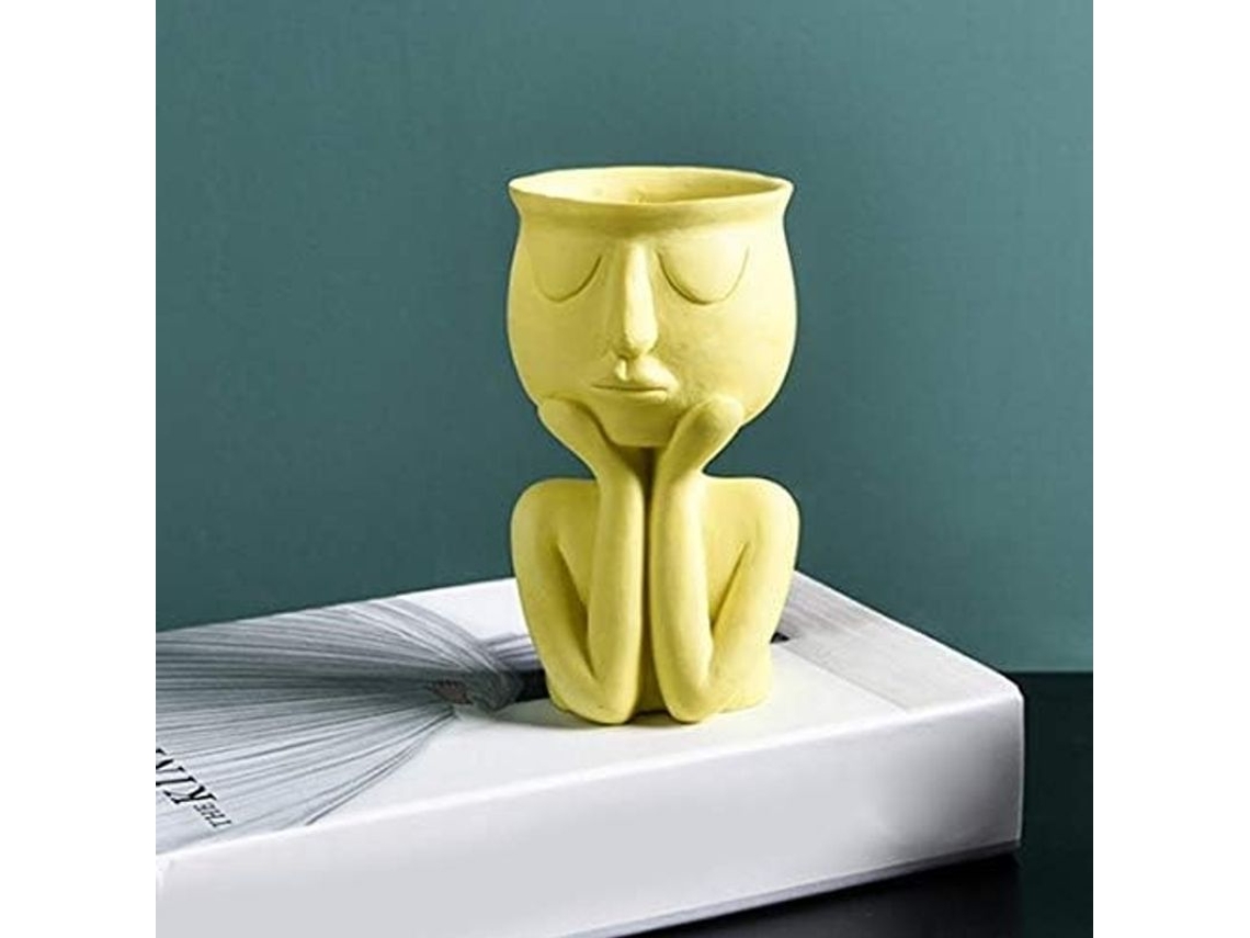 Maceta Abstracta De Resina Amarilla Para Suculentas - Diseño Creativo De Rostro Para Uso En Interiores