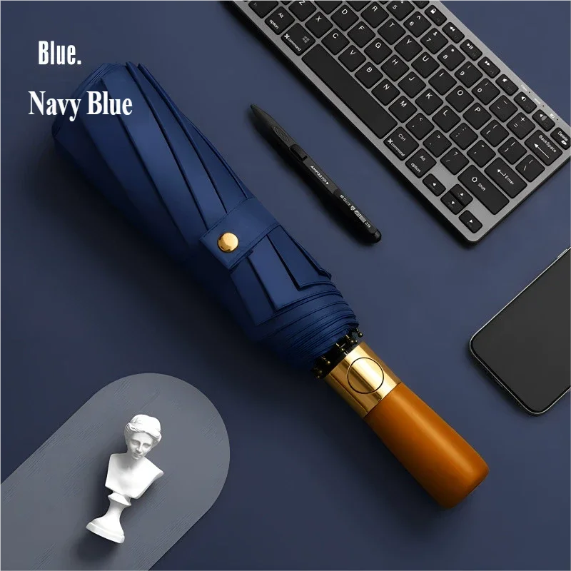 Paraguas Automático (azul 12k), Plegable Con Un Solo Botón, 12 Varillas, Mango De Madera De Bronce Original.