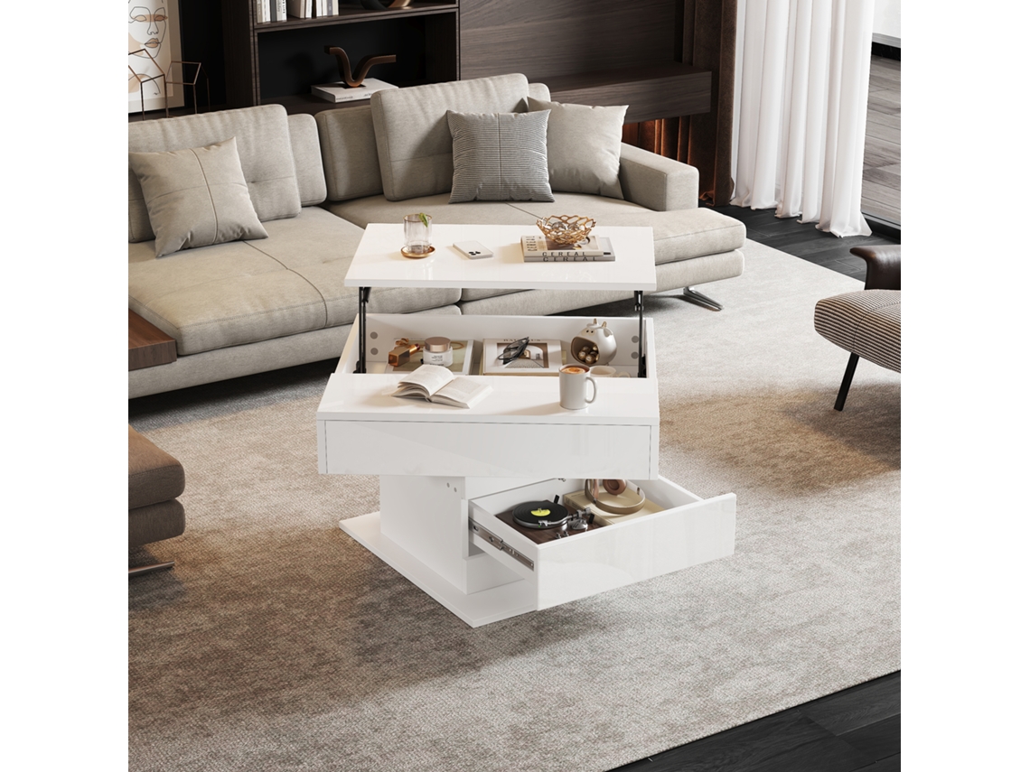 Mesa De Centro 70x70x45 Cm - Mesa Giratoria 360°, Con 1 Cajón, Alto Brillo, Con Almacenamiento - Blanco