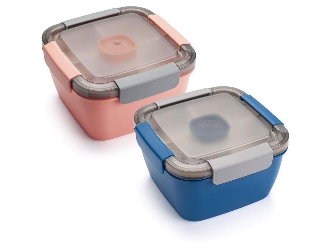 Recipiente para salada para almoço 2026, 1,5 litro com 3 compartimentos e recipiente para molho, azul e rosa
