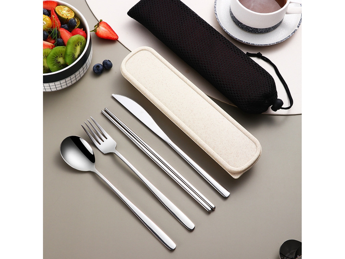 Juego de cubiertos portátiles de acero inoxidable 304 (plateado), que incluye cuchillo, tenedor, cuchara y caja de almacenamiento.