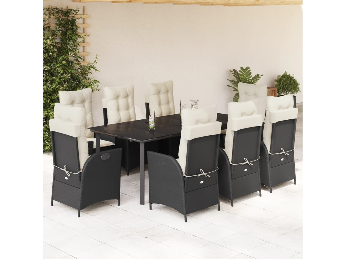 Juego de comedor de jardín de 9 piezas con cojines, mimbre sintético negro, DKD Home Decor