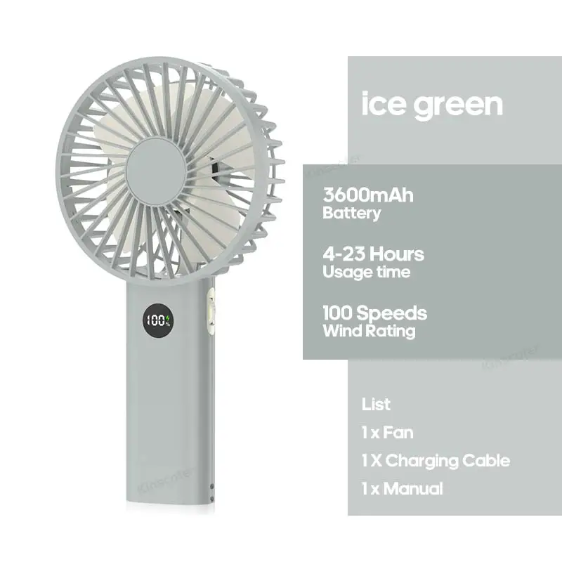 (verde) Mini Ventilador Portátil Usb De Mano, Con Capacidad De 3600 Mah, Control De Velocidad Continuo, Pantalla Y Luz Nocturna.