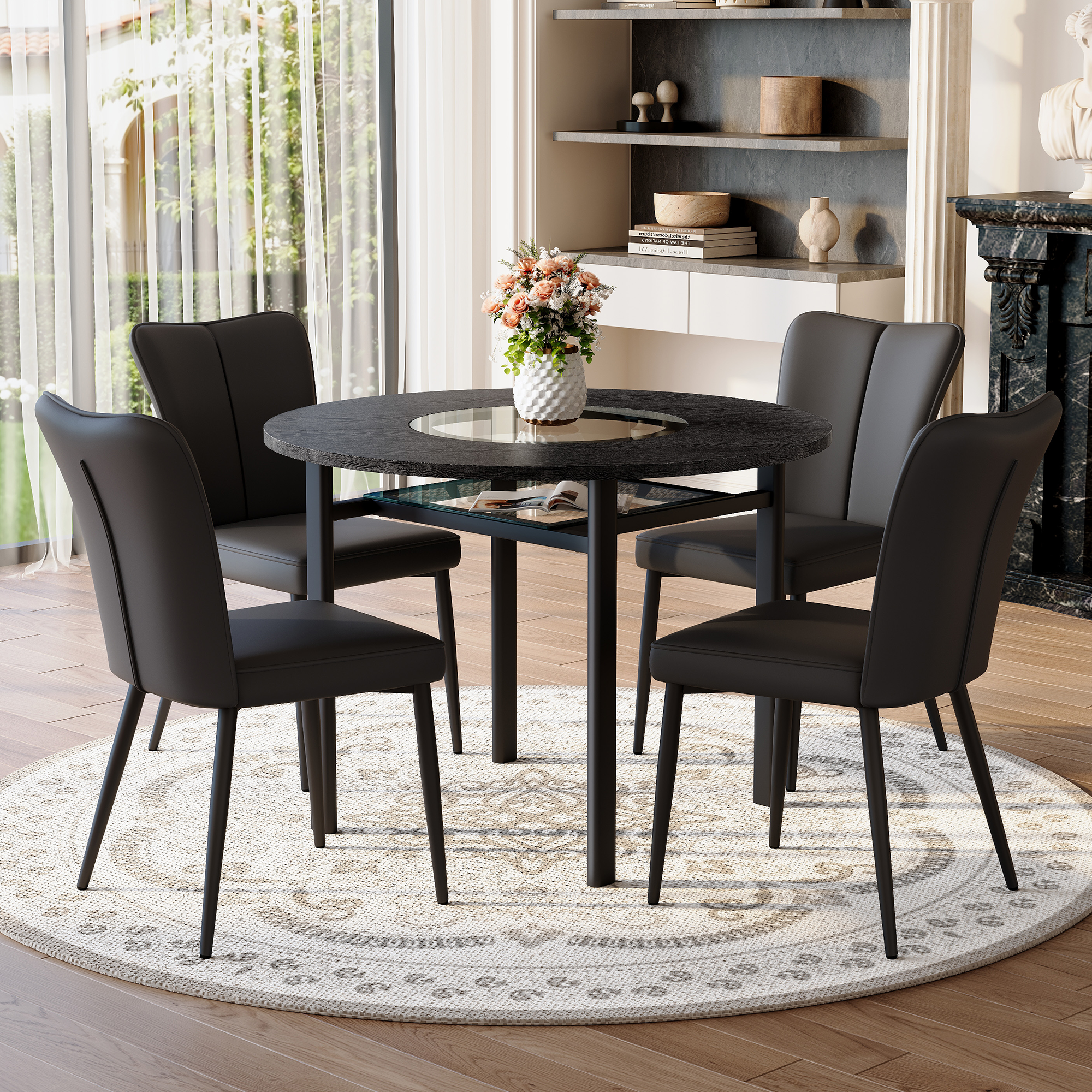 Conjunto de Comedor Redondo 100 cm con 4 Sillas PU Negras y Patas Metal Negras MOBRIO