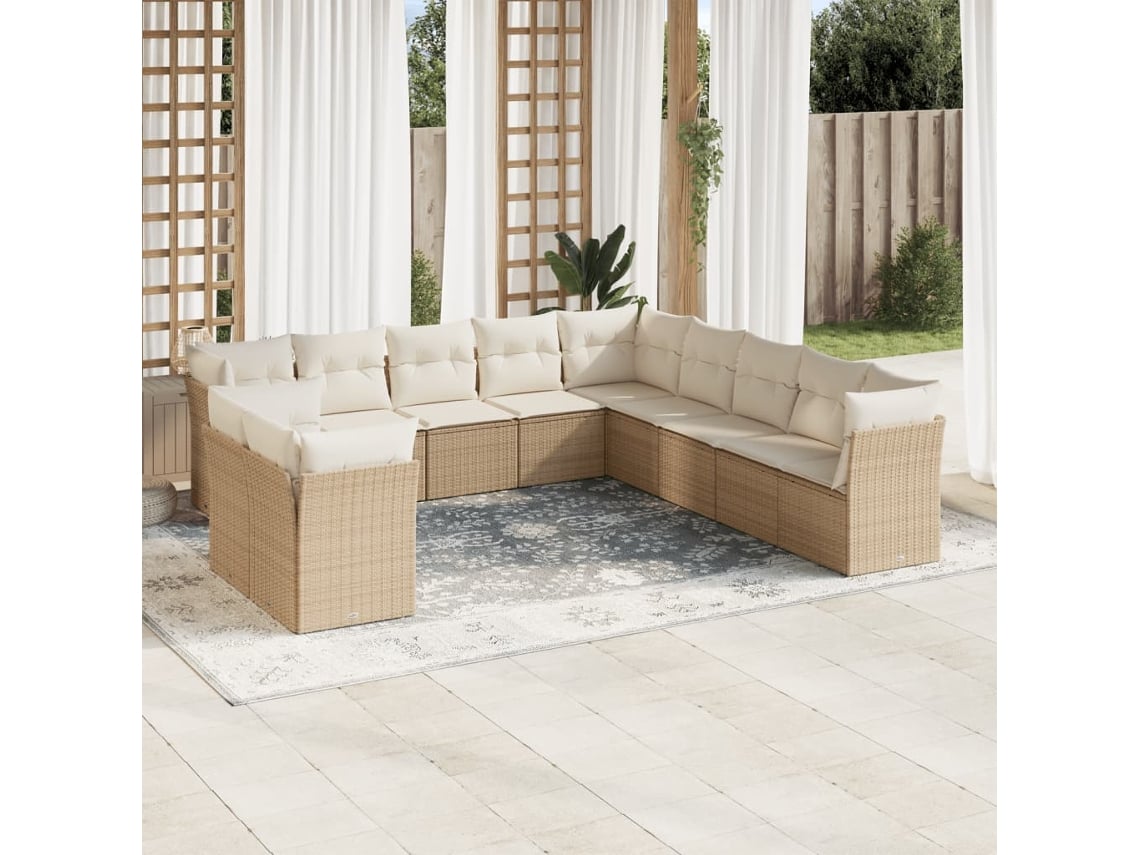 Conjunto de sofá de jardín de 11 piezas con cojines, mimbre sintético beige, DKD Home Decor