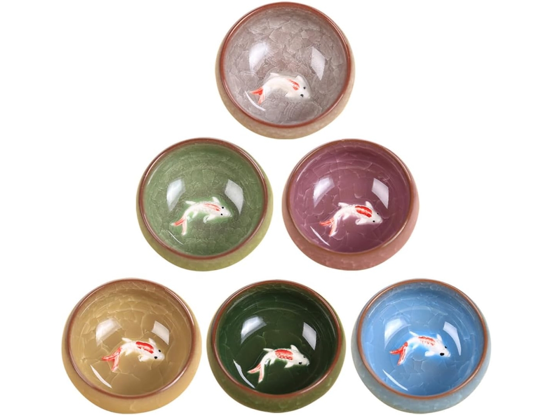 Juego De Té De Cerámica De 6 Piezas Con Colorido Estampado De Peces.