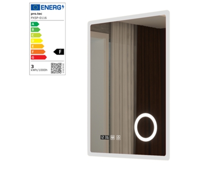 Espejo de pared con LED Racale para baño IP65 con reloj antivaho y lupa aluminio 80 x 60 x 3 cm Blanco PRO.TEC