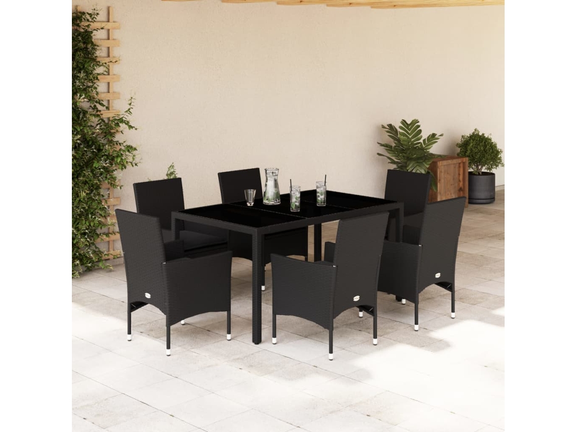 7 Pcs Conjunto Jantar Jardim C/Almofadões Vime Pe/vidro Preto Dkd Home Decor