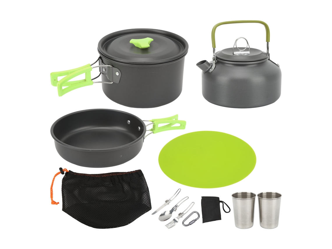 Kit De Cocina Portátil Para Camping Con Ollas, Hervidor Y Cubiertos Plegables Para Acampar Y Hacer Senderismo - Verde