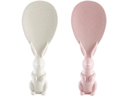 Paquete de 2 cucharas antiadherentes para arroz, espátulas para servir arroz con forma de conejo que se mantienen de pie (blancas y rosas).